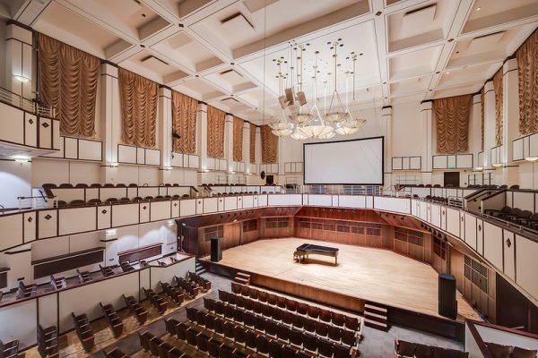 Piano on Ruth Lilly Performance Hall stage in CDFAC