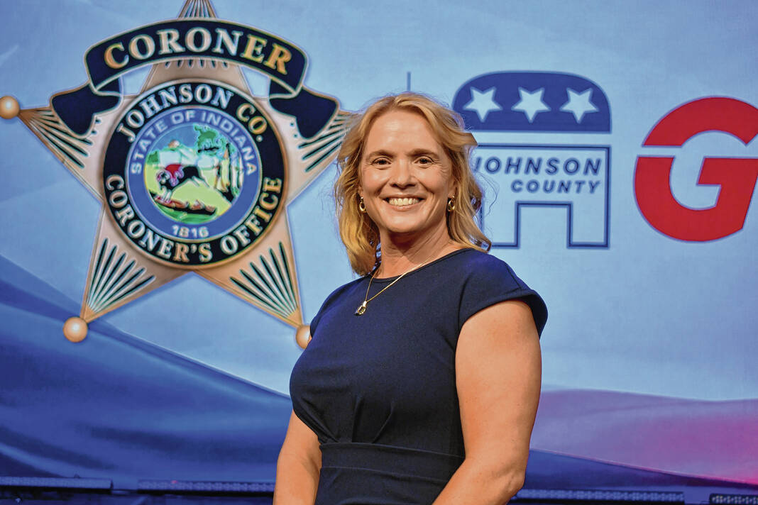 Kerria Carter headshot with Johnson County Coroner and GOP badges in background