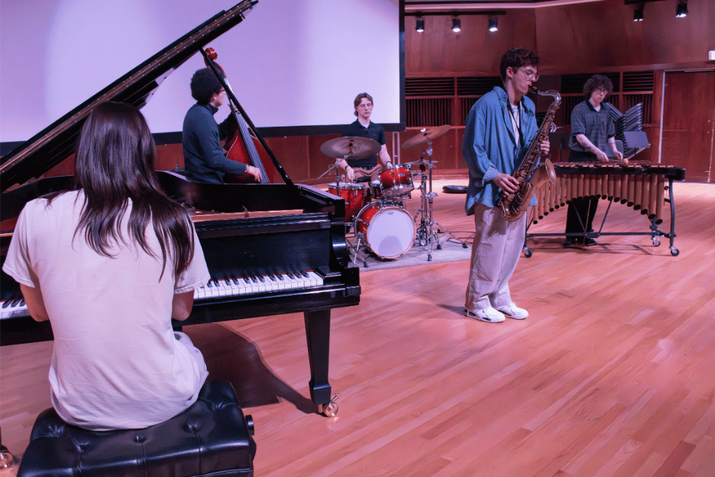 UIndy Jazz performing on Ruth Lilly Performance Hall Stage in Christel DeHaan Fine Arts Center