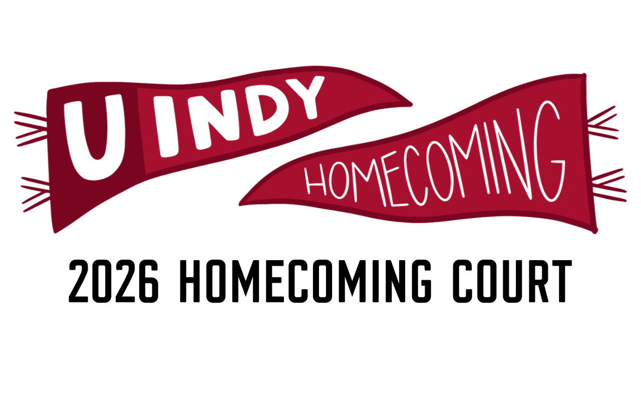 Two UIndy pennants that read, "UIndy Homecoming." Underneath is text that reads, "2026 Homecoming Court."