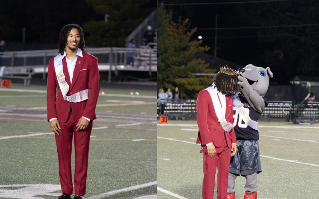 Left: Jaedan Early in a crimson suit with a sash that reads, "Homecoming Court"; right: Ace crowns Jaedan as "Homecoming Royalty."